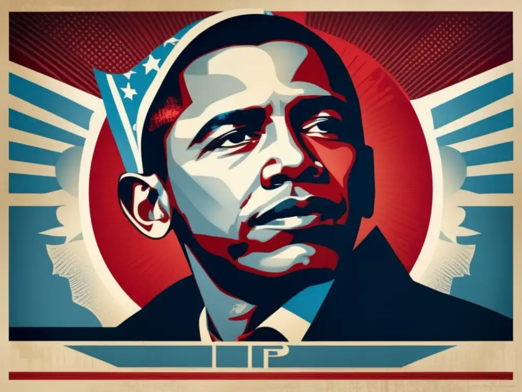 Una detallada imagen de alta resolución del icónico póster 'Hope' de Shepard Fairey, muestra el retrato estilizado de Barack Obama en tonos rojos, blancos y azules, con intrincados detalles que capturan la esencia del estilo artístico de Fairey y el impacto sociopolítico del póster