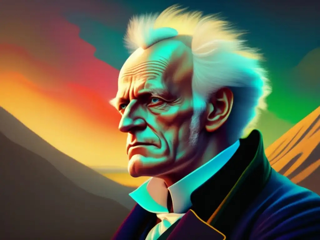 Una detallada imagen de retrato de Arthur Schopenhauer, con pinceladas intrincadas y colores vibrantes