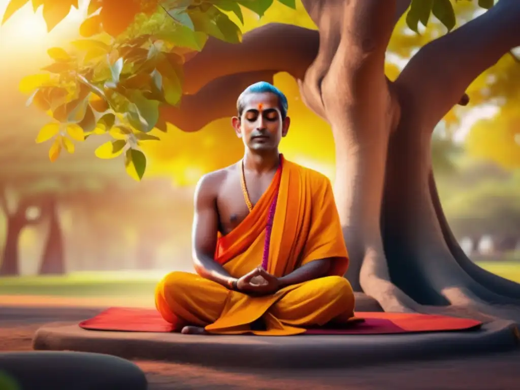 Una detallada imagen 8k de Shankara Bhagavatpada meditando bajo un árbol baniano, rodeado de exuberante vegetación y flores coloridas