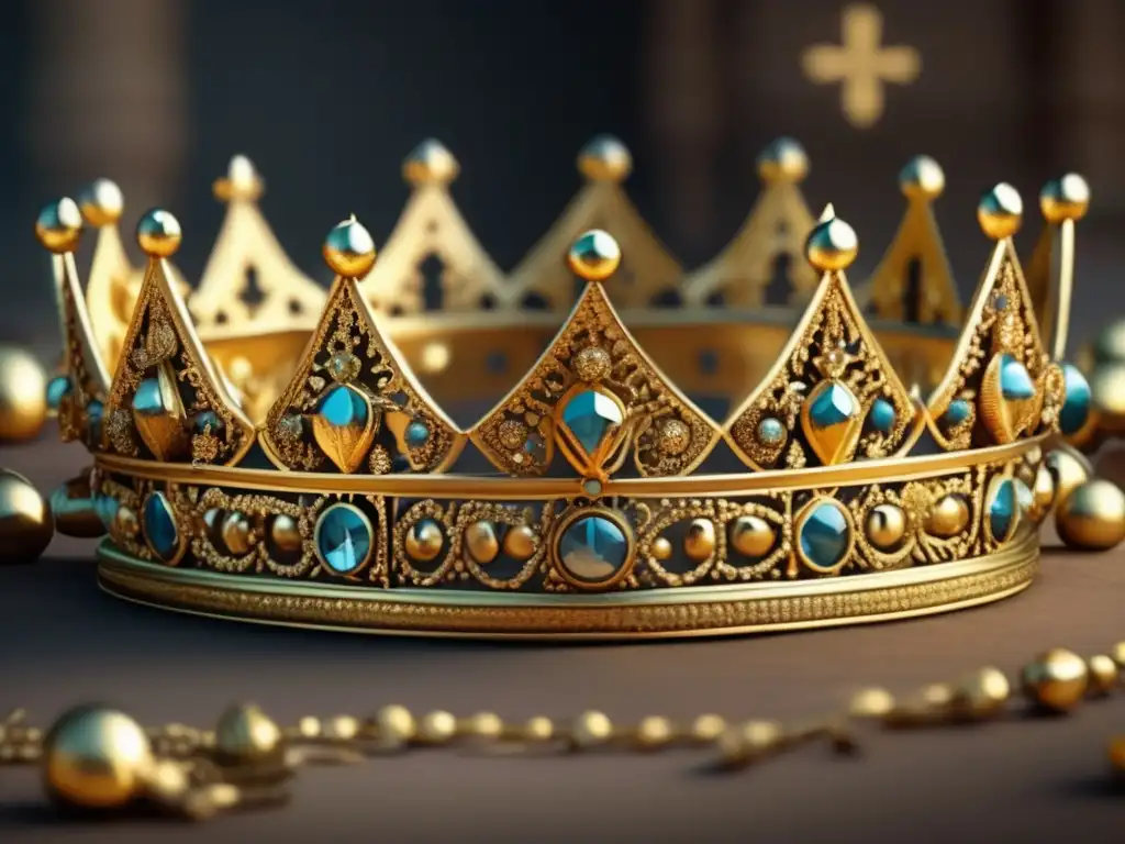 Detallada imagen en 8k del tesoro visigodo de Guarrazar, con intrincadas coronas y cruces de filigrana de oro