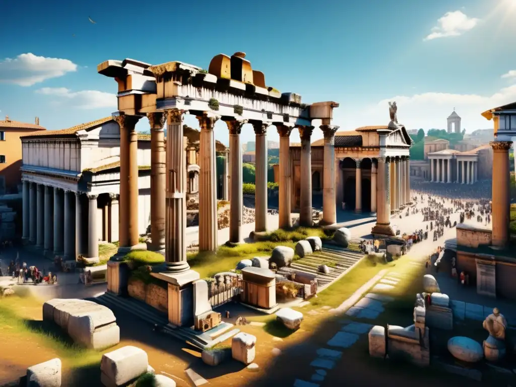 Una detallada imagen ultraHD del antiguo foro romano, con columnas de mármol, estatuas ornamentadas, puestos de mercado y un vibrante cielo azul