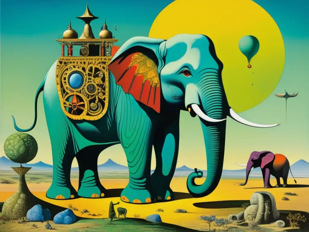 Una detallada imagen ultrarresolución del cuadro 'El Elefante Celebes' de Max Ernst, surrealismo vibrante y elementos enigmáticos
