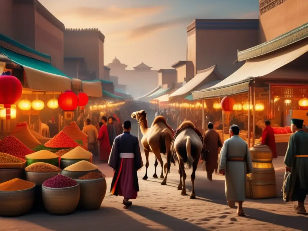 Una detallada imagen 8k de Zhang Qian partiendo en su viaje por la Ruta de la Seda, con un bullicioso mercado y la influencia cultural de la época