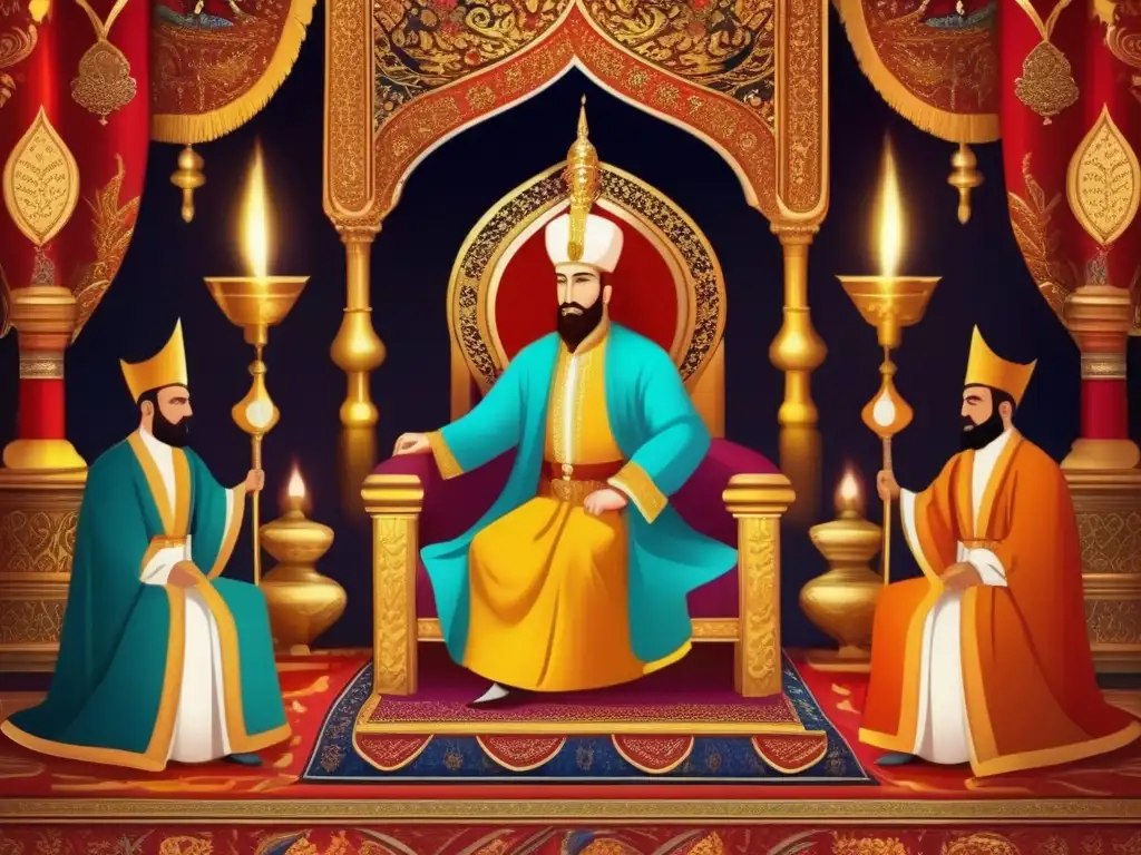 Un ilustración detallada del Sultan Suleiman el Magnífico en su trono, rodeado de opulencia y poder