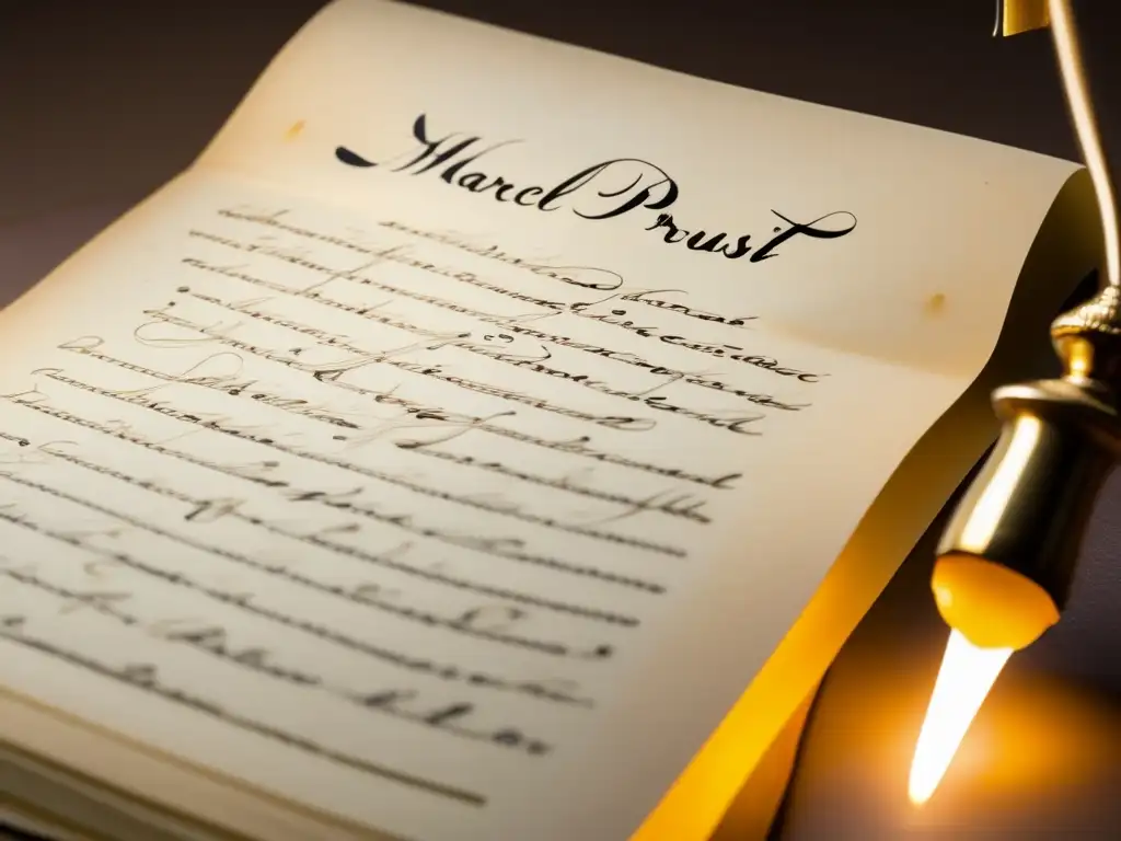 Una fotografía detallada del manuscrito meticulosamente escrito de Marcel Proust, iluminado por la suave luz de una lámpara de escritorio