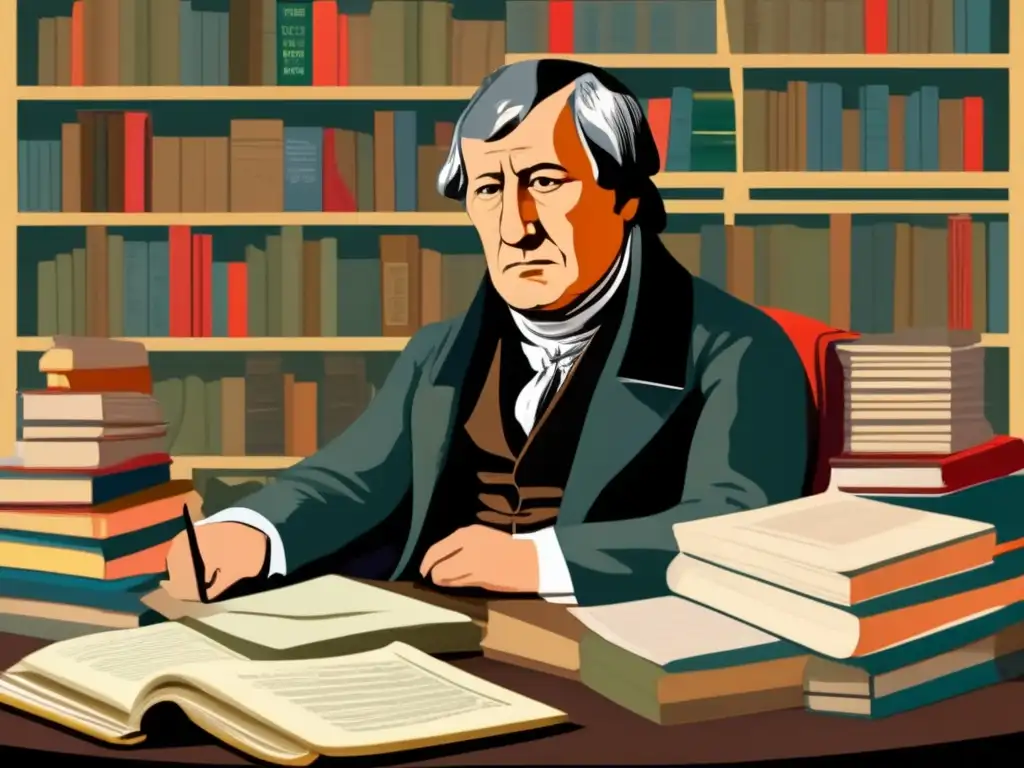 Ilustración detallada y moderna de Hegel reflexionando sobre la evolución de la filosofía dialéctica