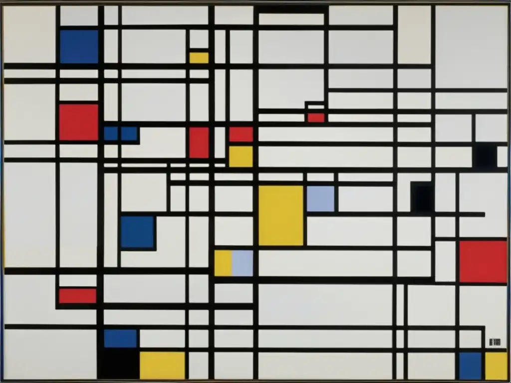 Una representación detallada de 'Broadway Boogie Woogie' de Piet Mondrian, mostrando su estilo geométrico y colorido