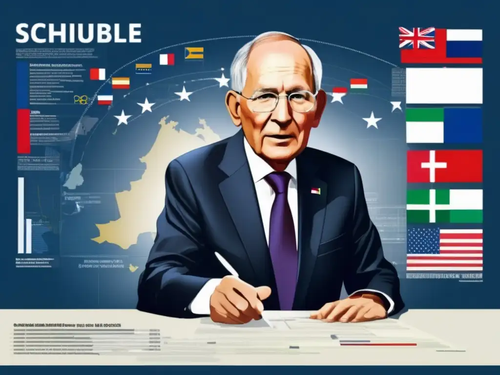 En una detallada obra de arte digital de alta resolución, Wolfgang Schäuble lidera negociaciones intensas sobre la crisis de deuda europea, rodeado de gráficos y datos económicos