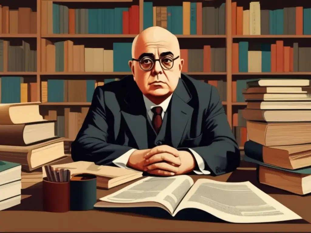 En la detallada obra de arte digital, Theodor Adorno reflexiona en su escritorio abarrotado de libros y papeles