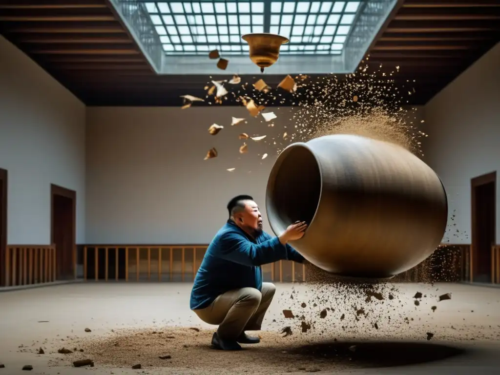 Una fotografía detallada de la icónica obra 'Dropping a Han Dynasty Urn' de Ai Weiwei