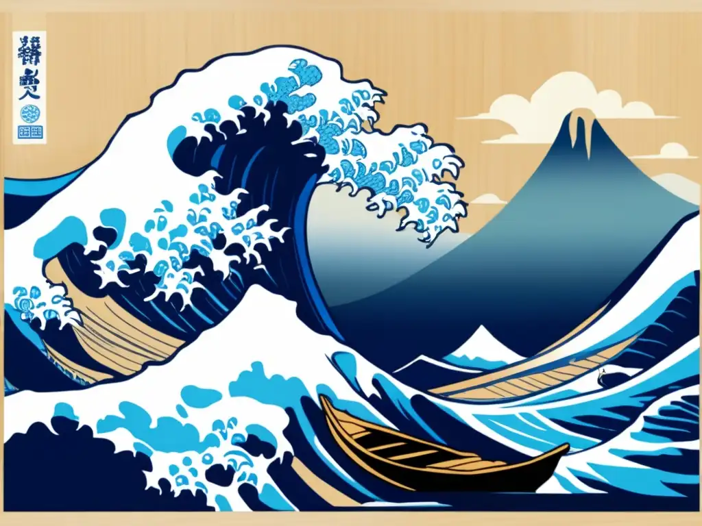 Recreación detallada de la icónica obra 'La gran ola de Kanagawa' de Hokusai, mostrando la influencia del maestro en el Impresionismo Japonés