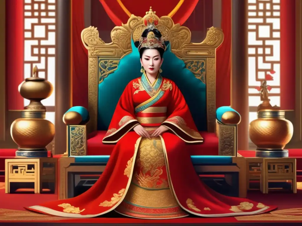 Una detallada pintura digital de la Emperatriz Wu Zetian en su trono, exudando poder y confianza, rodeada de opulencia en la corte imperial de China