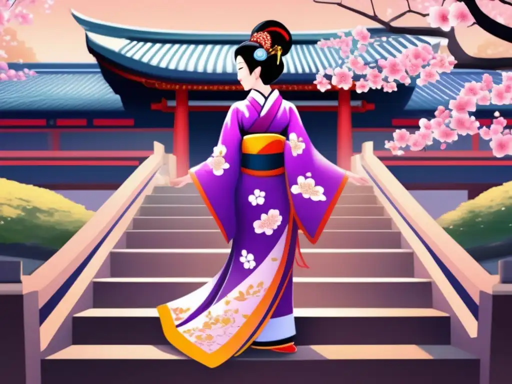 Majestuosa Lady Murasaki ascendiendo entre cerezos en flor Una detallada pintura digital de Lady Murasaki ascendiendo elegantemente los escalones de la corte imperial, rodeada de vibrantes árboles de cerezo en plena floración