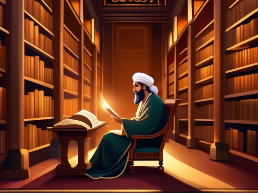 Una detallada pintura digital de Ibn Rushd en una gran biblioteca, rodeado de altos estantes llenos de pergaminos y textos antiguos