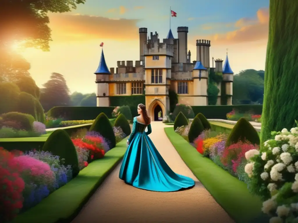 Ana Bolena pasea por los jardines de Hever Castle Una detallada pintura digital de una joven Ana Bolena paseando por los exuberantes jardines del Castillo de Hever, su elegante vestido Tudor ondeando ligeramente en la suave brisa mientras contempla pensativa el horizonte