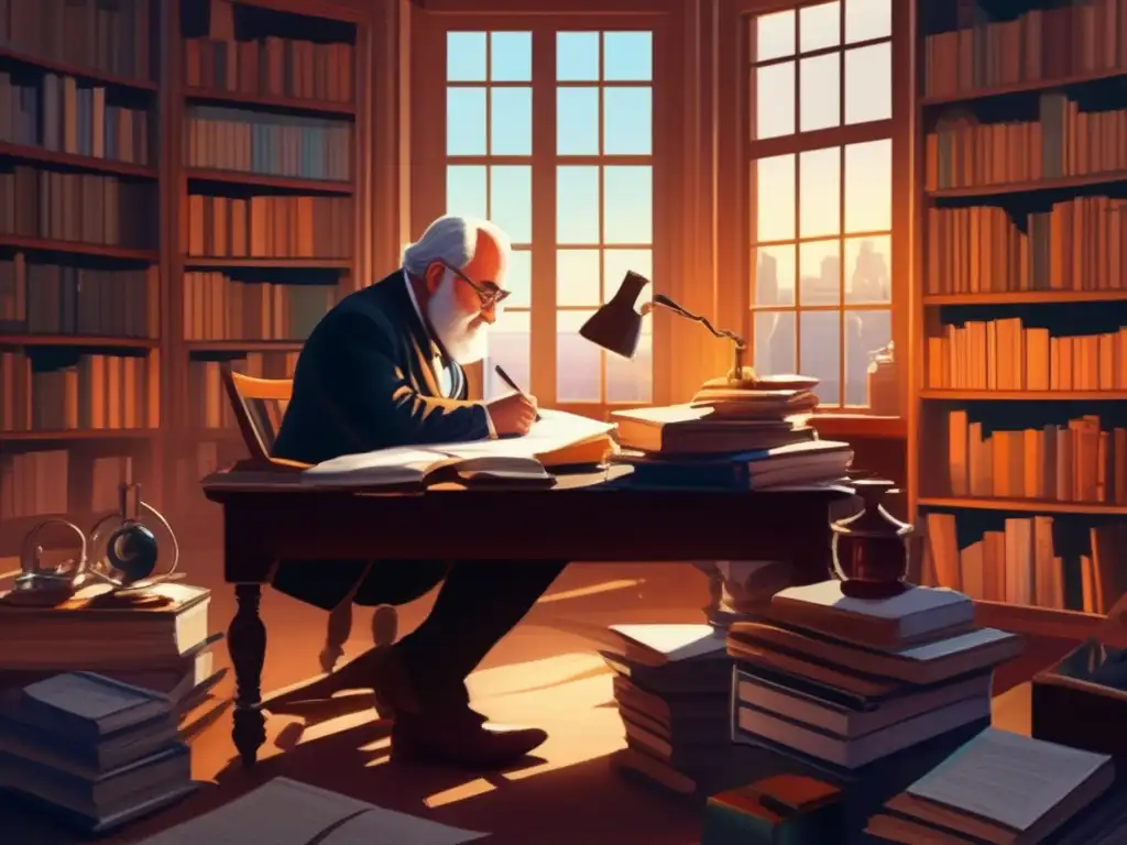 Una detallada pintura digital de Julio Verne en su escritorio, rodeado de libros e instrumentos científicos