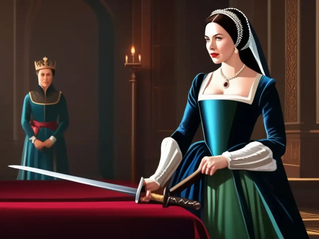 La ejecución de Anne Boleyn: Una pintura digital detallada y conmovedora Una detallada pintura digital moderna muestra la ejecución de Ana Bolena, con énfasis en su expresión solemne y la dramática iluminación