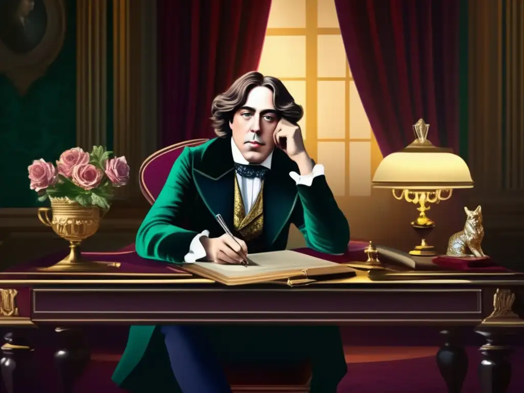 Una detallada pintura digital de Oscar Wilde, sentado en un gran escritorio, rodeado de decoración opulenta