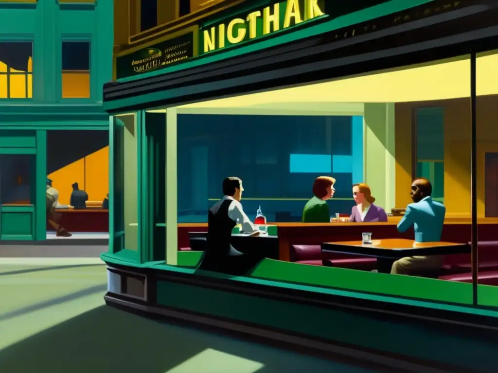 Una representación detallada de la icónica pintura 'Nighthawks' de Edward Hopper, capturando la intensa atmósfera de soledad en un café nocturno