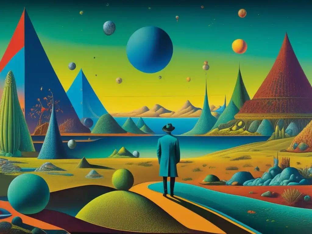 Una detallada pintura de 8k de Max Ernst, evocando paisajes surrealistas, figuras oníricas e intensos colores, reflejando su exploración única de la mente inconsciente y el movimiento surrealista