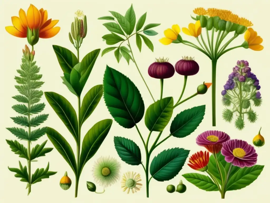 Una detallada ilustración botánica de plantas y flores, con etiquetas científicas