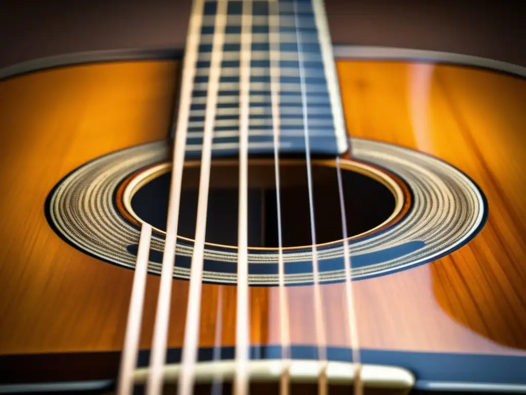 Una detallada fotografía en primer plano de una guitarra clásica desgastada, con textura de madera, trastes pulidos y cuerdas delicadas