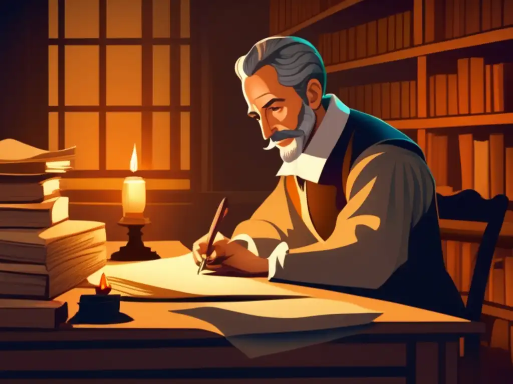 En la detallada ilustración, Miguel de Cervantes está sentado en su escritorio, rodeado de pergaminos y plumas