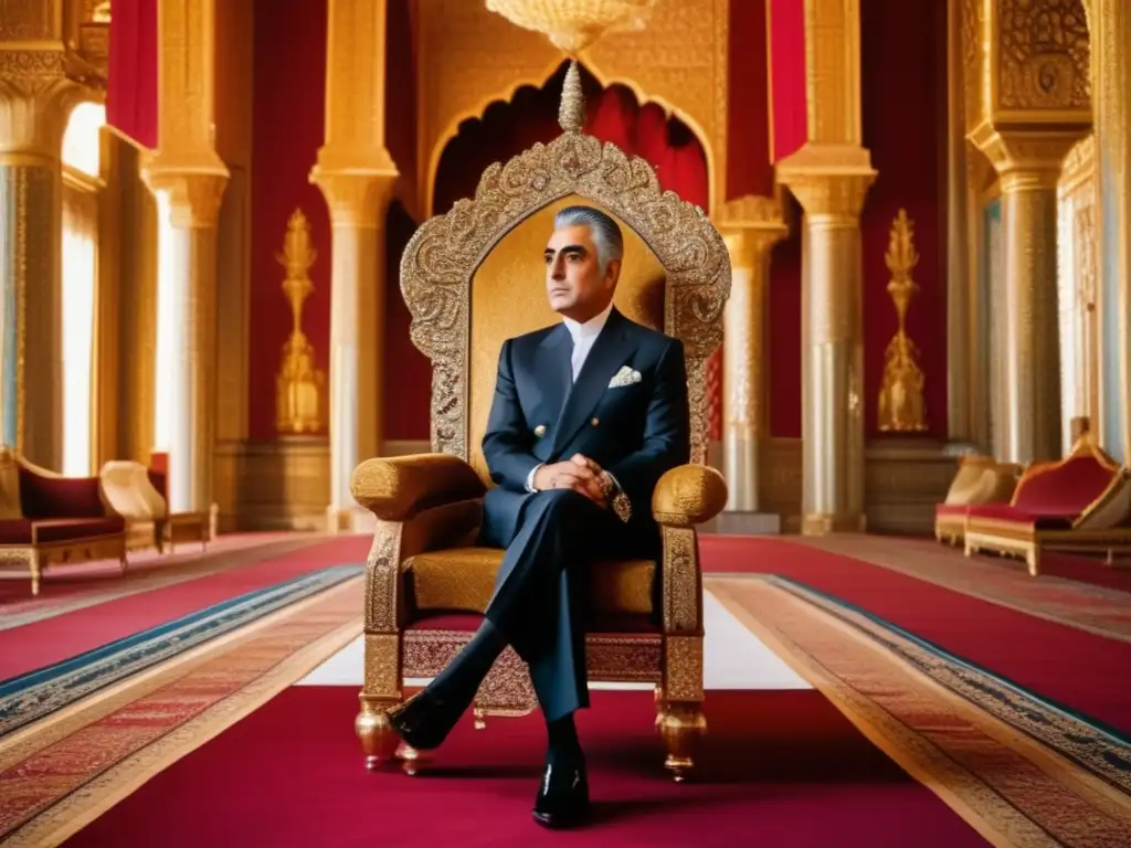 Una representación detallada del Sha Mohammad Reza Pahlavi en su trono, reflejando la opulencia de su reinado