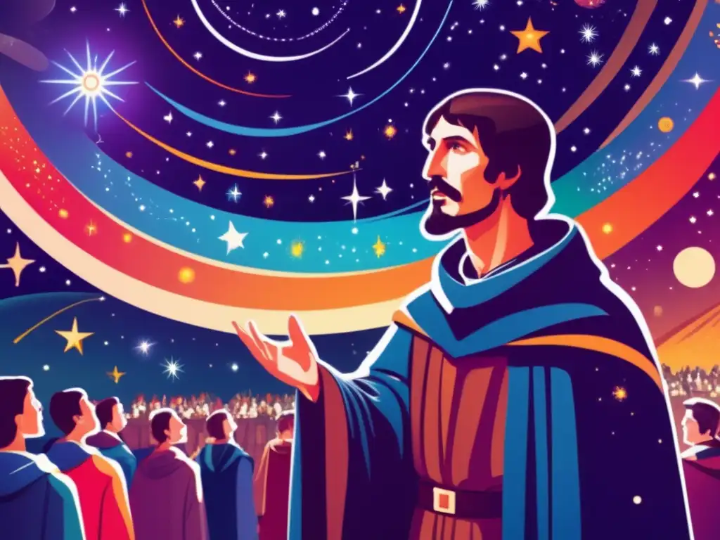 Giordano Bruno filósofo mártir visión universo: Ilustración detallada de Bruno desafiando teorías cósmicas ante una multitud, con colores vibrantes y un telón de fondo estelar