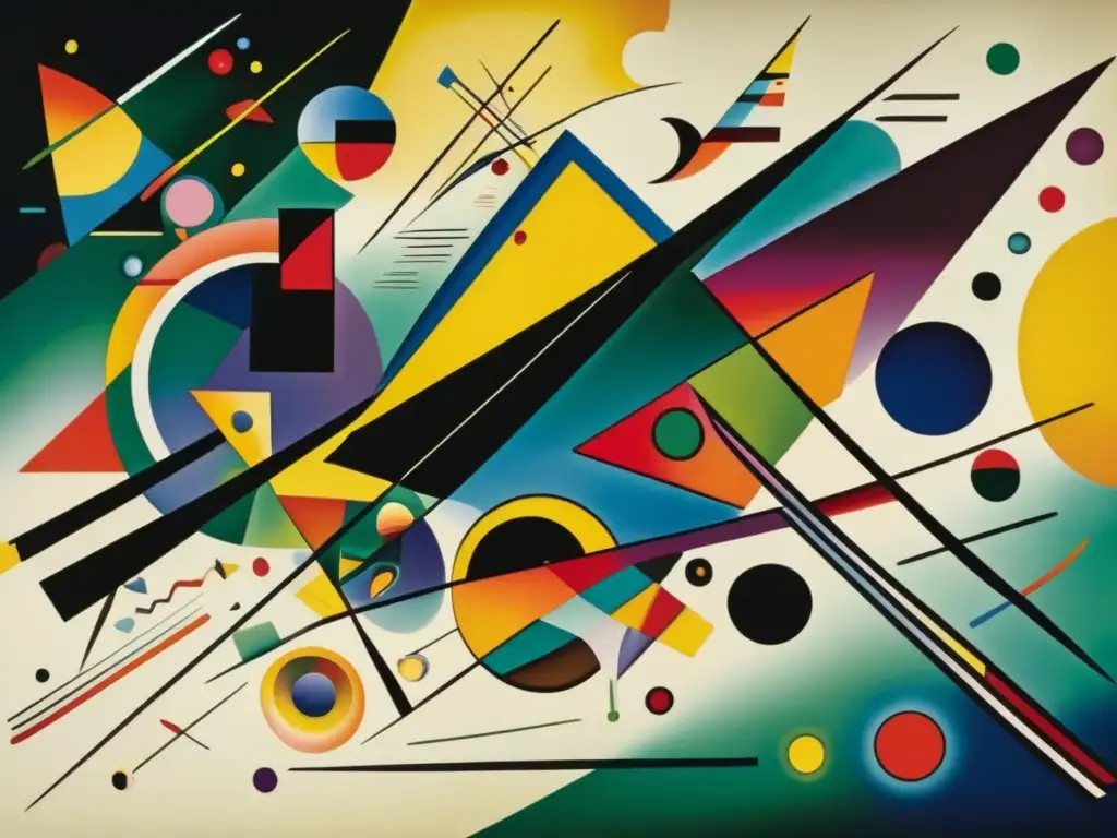 Una fotografía detallada de alta resolución de 'Composición VIII' de Wassily Kandinsky, destacando la vibrante interacción de colores, formas y líneas