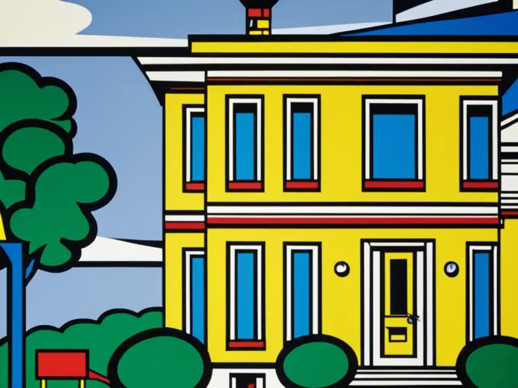 Una detallada vista cercana de la casa de la infancia de Roy Lichtenstein, con colores vibrantes y líneas audaces al estilo de su icónico arte pop