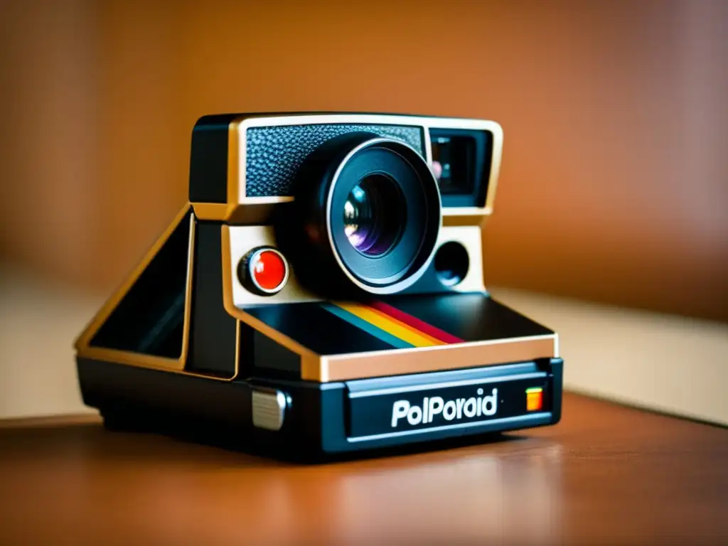 Una detallada vista cercana de la icónica cámara Polaroid SX70, con su diseño elegante, acabado de cuero y detalles metálicos vintage