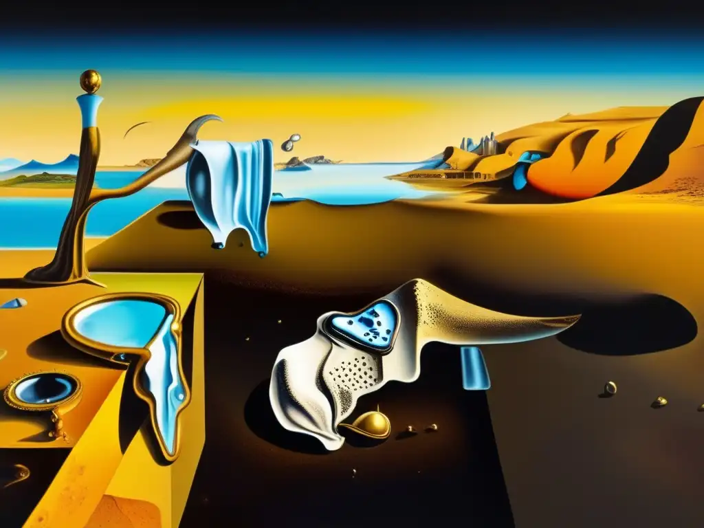 Una detallada vista en primer plano de la icónica pintura de Salvador Dalí 'La persistencia de la memoria', mostrando los derretidos relojes surrealistas en alta resolución, con intrincados detalles del paisaje surrealista y texturas meticulosamente renderizadas