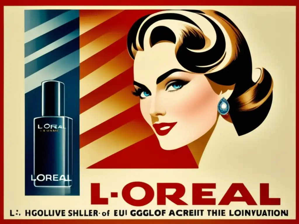 Un detallado anuncio vintage de L'Oréal con Eugène Schueller, mostrando la evolución del logo y el empaque