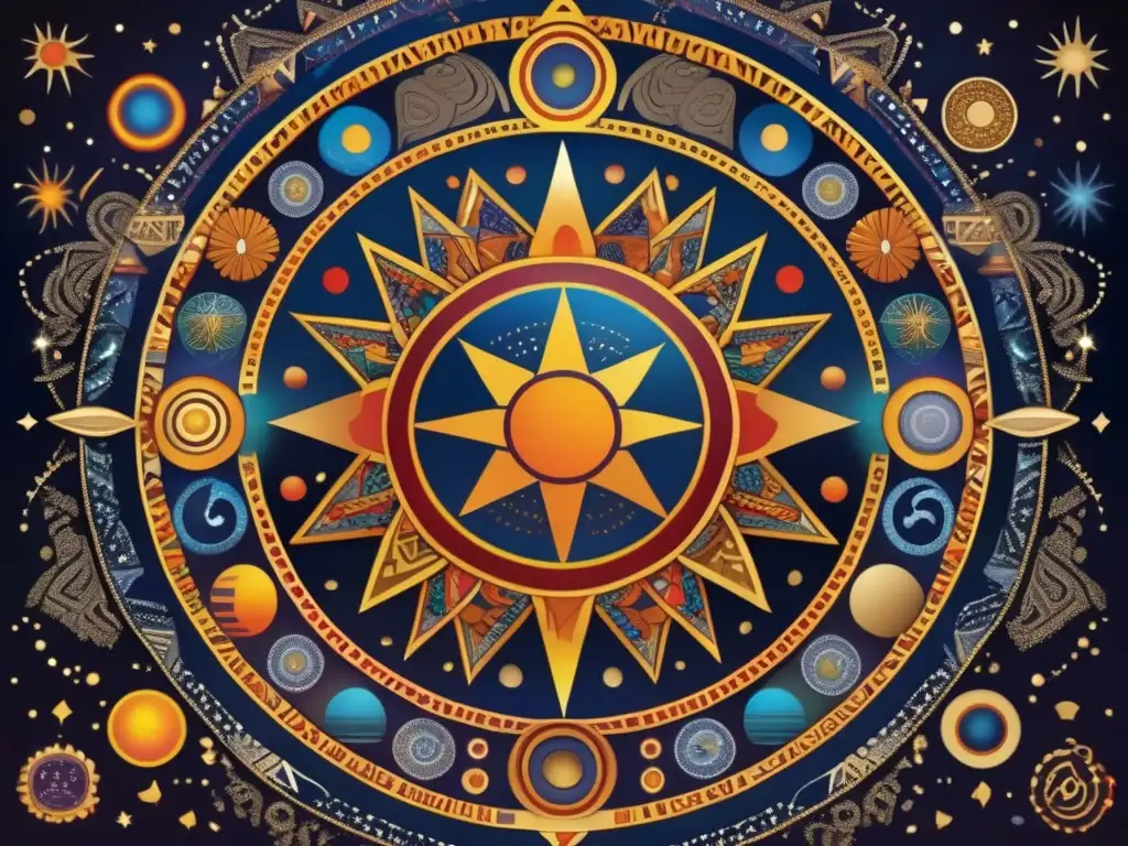 Un detallado cosmograma Bantú en vibrantes colores y patrones geométricos, representando el sol, la luna, las estrellas y elementos naturales, reflejando la rica cosmovisión Bantú: Historia y significado