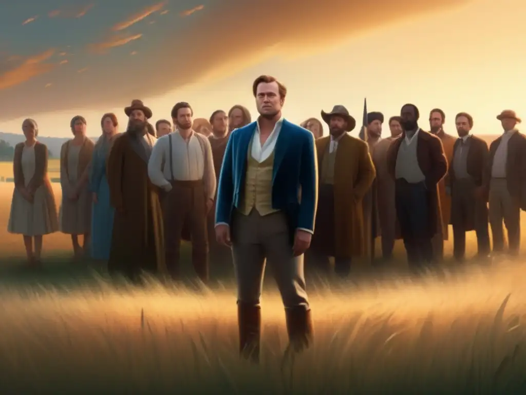 Un detallado cuadro digital en 8k de William Miller en un campo, rodeado de seguidores con expresiones de desilusión