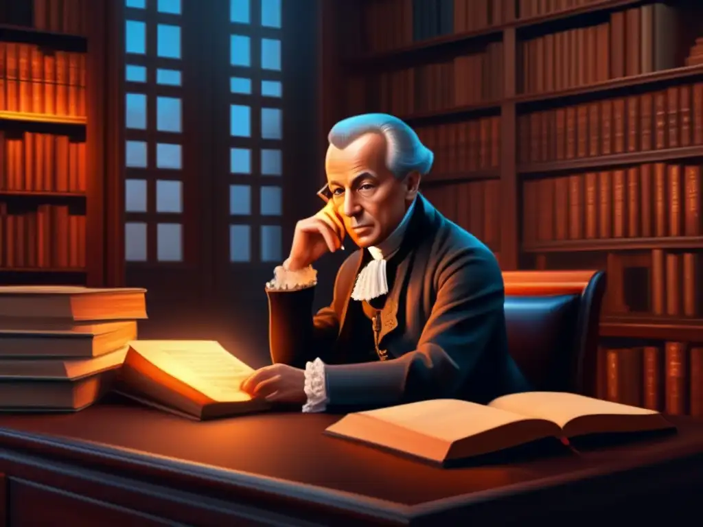 Un detallado cuadro digital en 8k de Immanuel Kant reflexionando en su estudio, iluminado por la luz de las velas