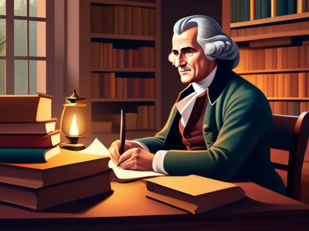 Un detallado cuadro digital en 8k de Jean-Jacques Rousseau escribiendo 'Contrato Social' con pluma, rodeado de libros y papeles