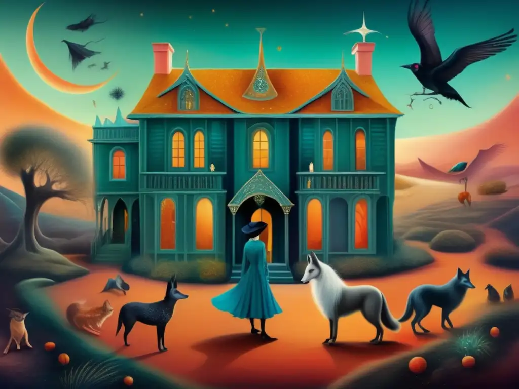 Un detallado cuadro digital de la obra surrealista 'The House Opposite' de Leonora Carrington, con una paleta de colores modernos y pinceladas precisas