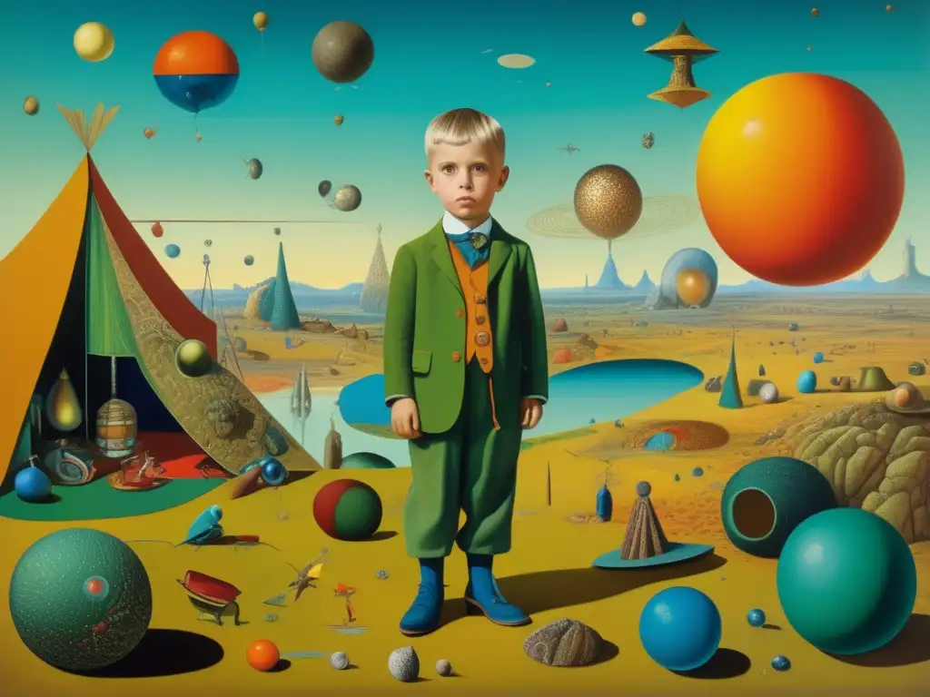 Un detallado cuadro en 8k de Max Ernst como niño, rodeado de elementos surrealistas