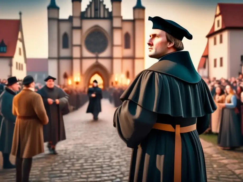 Martín Lutero clava sus 95 tesis - Escena histórica en 8k Un detallado cuadro 8k de Martín Lutero clavando sus 95 tesis en la puerta de la Iglesia del Castillo de Wittenberg, con una multitud vestida en trajes del siglo XVI en el fondo