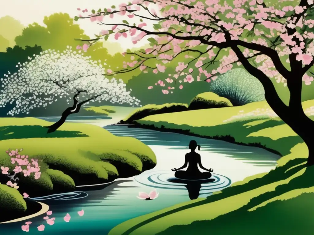 Un detallado cuadro de tinta muestra un apacible jardín, con un arroyo serpenteante y una figura meditando bajo un cerezo en flor