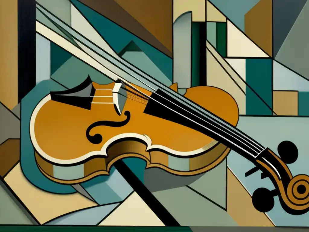 Detallado cuadro de Juan Gris 'Violín y vaso', reflejando el intrincado cubismo sintético con formas geométricas en tonos grises, beige y marrones