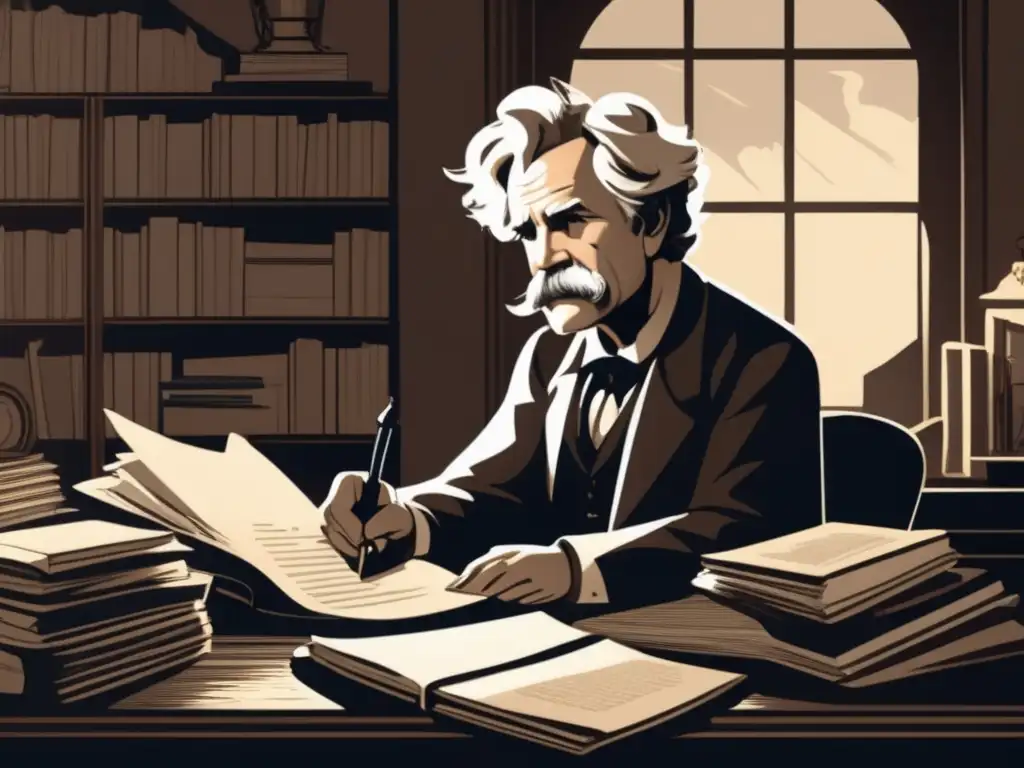 Un detallado dibujo en blanco y negro de Mark Twain en su escritorio, rodeado de libros y papeles