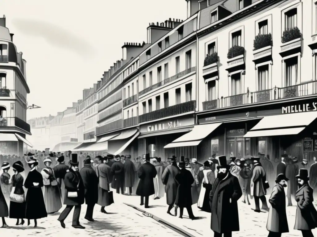 Un detallado dibujo en blanco y negro de una concurrida calle parisina de finales del siglo XIX, capturando el realismo desgarrador de las ambientaciones literarias de Émile Zola