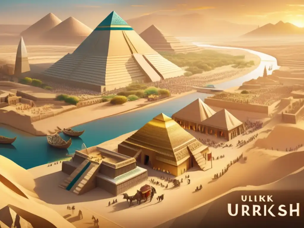 Un detallado dibujo digital de la antigua ciudad de Uruk, con imponentes zigurats, bulliciosos mercados y el río Éufrates serpenteando al fondo
