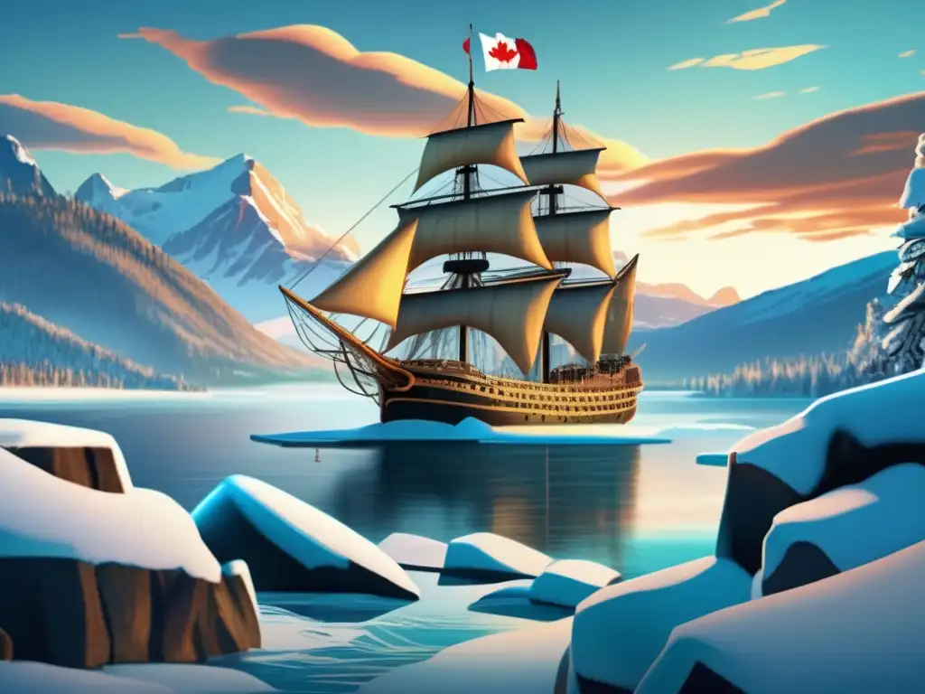 Un detallado dibujo digital en 8k del barco de Jacques Cartier navegando las aguas heladas del río San Lorenzo, con el imponente paisaje salvaje de Canadá de fondo