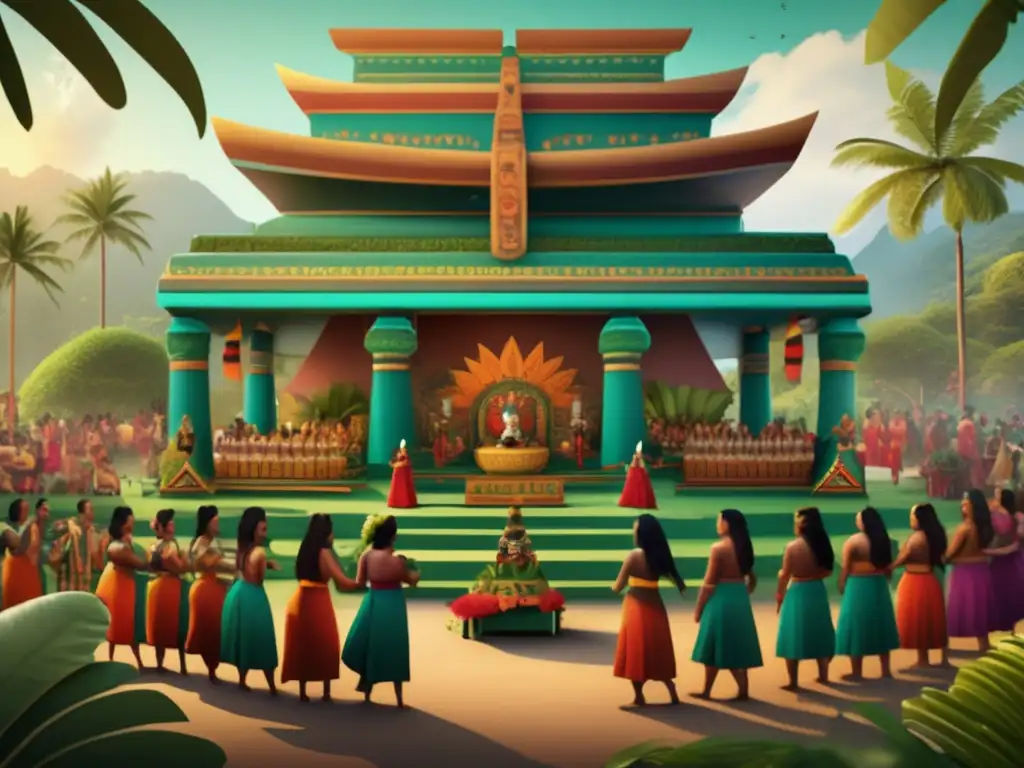 Un detallado dibujo digital 8k de una vibrante ceremonia precolombina, con figuras vestidas de forma intrincada realizando danzas y ofrendas en un exuberante paisaje