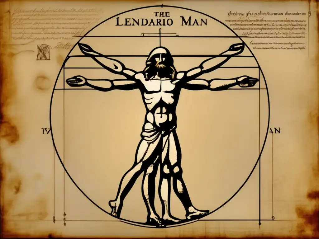 Detallado dibujo 8k del Hombre de Vitruvio de Leonardo da Vinci, muestra proporciones precisas y su impacto en el arte y la ciencia