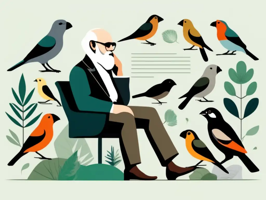 Un detallado dibujo de Charles Darwin en profunda contemplación, rodeado de diversas especies de pinzones y vida silvestre